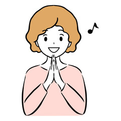 Illustration of a young woman clasping her hands together in joy