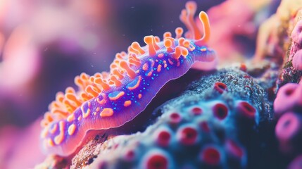 Vibrant purple and orange nudibranch crawling on a coral reef.