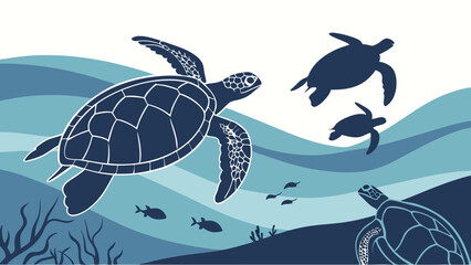 Sea Turtles Swimming in the Blue Ocean Underwater Marine Life Nature Wildlife Vector Illustration