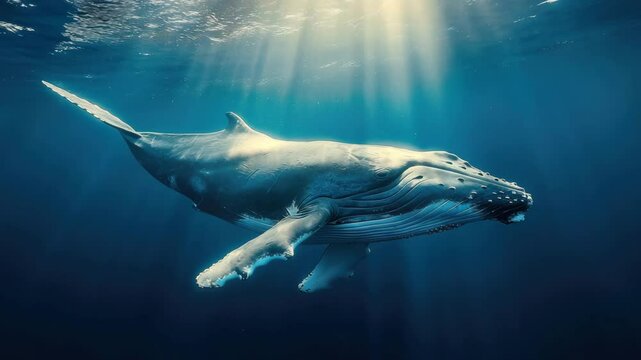 Majestic humpback whale swimming underwater with sunlight streaming through ocean, creating peaceful and awe inspiring marine scene deep blue sea, as this majestic aquatic giant glides gracefully