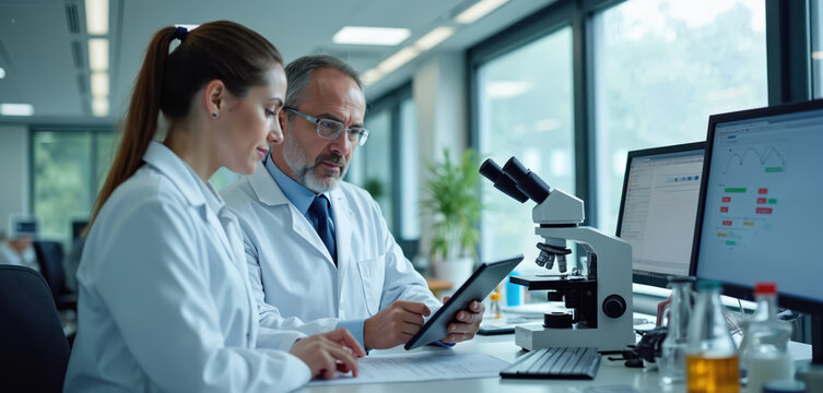 Scientist team collaborates in lab with tablet computer, microscope. Researchers analyze data, plan investigation. Teamwork in medical, tech, science, education. Focus on innovation, medical