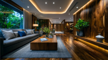 Fototapeta premium A cozy American-style living room with warm lighting and a clean, minimalist layout. Soft beige curtains cover the back wall, a warm-toned fabric sofa sits in the center. 