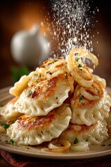 Plate of pierogi, Polish dumplings with filling, garnished with onion rings, herbs, light dusting of salt, warm golden light. Concept of focus on pierogi, inviting presentation.
