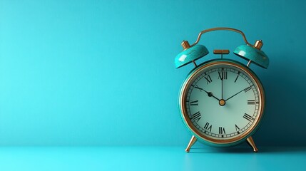 A turquoise alarm clock sitting against a turquoise wall