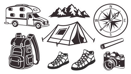 Camping and Outdoor Adventure Gear Illustration Set - RV Tent Mountains Compass Backpack Boots Camera - Black and White Line Art