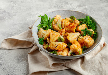 fried cauliflower salad, with spices and herbs, homemade, no people,
