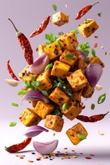 Vibrant Szechuan cubes, spicy Sichuan-style cuisine dish, topped with herbs, surrounded by red chilies, red onions, green cilantro. Concept of Szechuan flavors, colors, textures.