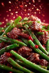 Szechuan stir-fried green beans ground beef, golden-brown glaze, red chili flakes. Concept of vibrant Szechuan-style dish emphasizing texture, color, flavor. Spicy Sichuan-style cuisine dish.