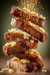 Szechuan spicy Sichuan-style cuisine dish, featuring vibrant, flavorful ribs topped with sesame seeds and chives. Concept of Szechuan cuisine focuses on bold flavors and spices.
