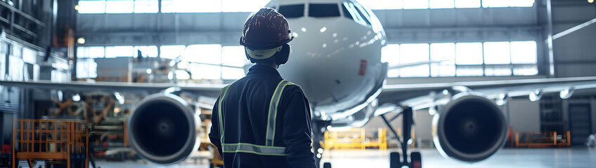 A worker in safety gear observes an aircraft in a hangar, highlighting aviation maintenance and safety in a professional environment.