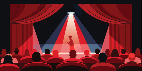 Illustration of a theatrical performance with a stage lit by a single spotlight