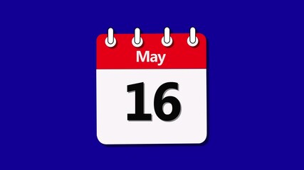 Date 16 May month of calendar icon animation. Digital calendar month concept animation 3d video and bule color background.