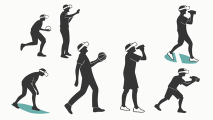 People in VR headsets silhouettes playing virtual reality games and sports future technology concept.