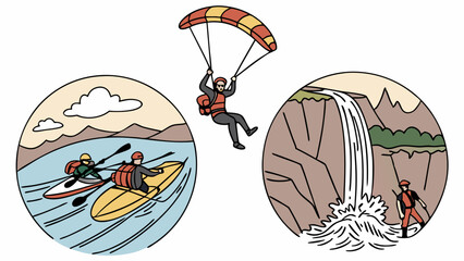 People enjoying exciting outdoor adventure sports kayaking skydiving waterfall nature travel vacation thrill activities