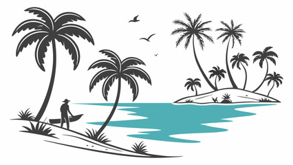 Beach Scene with Palm Trees, Ocean, Island, and Surfer - Tropical Summer Vacation Travel Paradise Landscape
