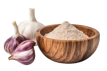 Garlic bulbs and powder in a wooden bowl on a dark background showcasing seasoning