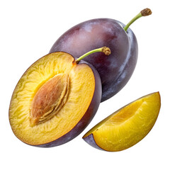 Longitudinal Cut of Ripe Prune Plum with Stone and Yellow Pulp Isolated on White Background
