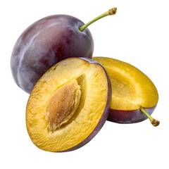 Longitudinal Cut of Ripe Prune Plum with Stone and Yellow Pulp Isolated on White Background