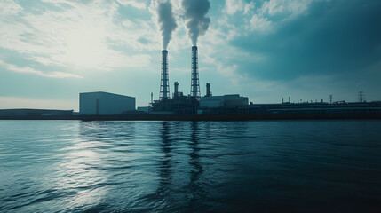 Industrial Complex with Smokestacks Emitting Smoke Near a Body of Water