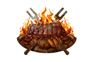 Grilled ribs, sausages, and other meats on a wooden platter, surrounded by flames and crossed BBQ forks