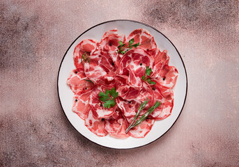 sliced cured ham, prosciutto, italian dish, delicacy, parma ham, top view, no people,