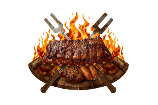Grilled ribs, sausages, and other meats on a wooden platter, surrounded by flames and crossed BBQ forks