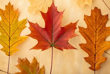 Obraz premium Vivid Autumn Medley: Exquisitely Arranged Leaves with Rich Red, Orange, Yellow and Brown Hues on a Serene Light Background in crisp daylight