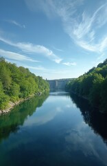 Fototapeta premium Scenic view Hullern dam at Haltern See. Landscape shows fresh green trees reflecting in calm water. Blue sky with white clouds completes panoramic nature panorama. Summer scenery perfect for eco