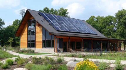 Obraz premium Modern Sustainable House with Solar Panels Surrounded by Lush Green Landscape and Flowers in Clear Blue Sky