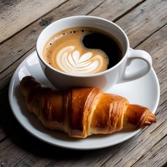 Morning coffee with croissant on rustic table