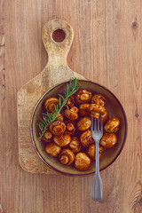fried mushrooms, with spices, in soy sauce, vegetarian food, homemade, no people,