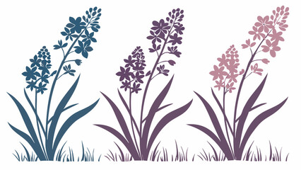 Elegant Vector Graphic Art Trio of Beautiful Vibrant Colorful Flower Silhouettes Blue Purple Pink Blooms and Grass Design Element Illustration