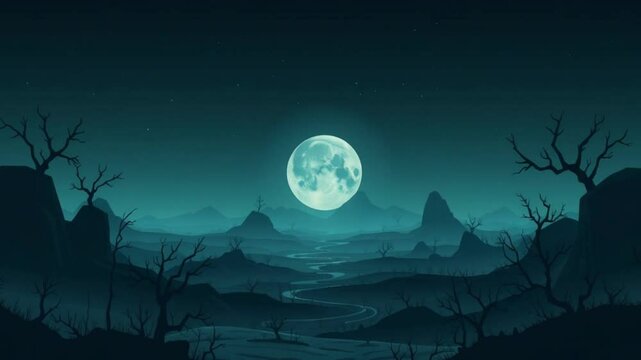 Eerie moonlight landscape with gnarled trees