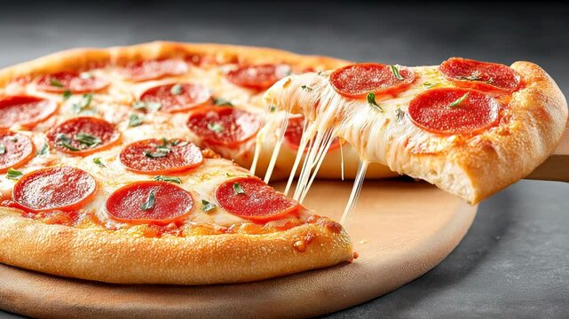 Hot pepperoni pizza with melted, gooey cheese, fresh from the oven. One delicious slice comes off the whole pizza. Perfect for delivery ads and restaurant menus.