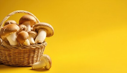 Woven Basket of Mushrooms on Yellow Background with Space for Text

