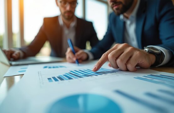 Two businessmen in suits review financial data at the table in office. Man points finger at chart. Analysis report on laptop, documents, charts, graphs. Finance, investment, business strategy.