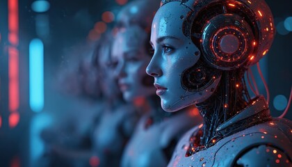 AI avatar in cyberpunk style. Illustration presents female robot with focus on futuristic design. Neon red, blue lights create atmosphere of high tech, digital world. Future tech, innovation, machine