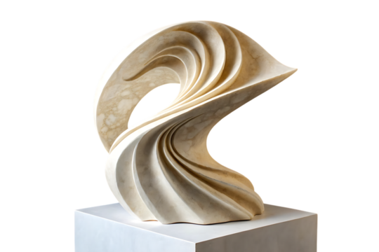 Elegant abstract marble sculpture displayed on a white pedestal against a deep black background perfect for design