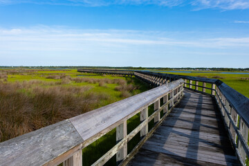 Fototapeta premium A walkway leading out into the intercoastal waterway during a morning walk while on vacation at the beach.