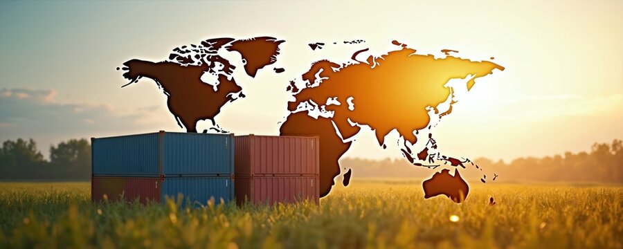 Import tariffs policy impact concept. Shipping containers in field with world map silhouette background. International trade, global delivery. Economic impact, supply chain, global business,