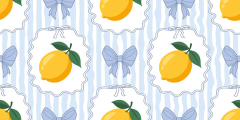 Seamless pattern with lemons and bows on blue wavy stripes. Summer repeating fruit pattern. Mediterranean coastal design background.