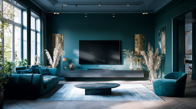 living room with TV at the center, dark green wall and furnitures, clean and modern minimal interior, eye-level angle, centered composition, straight-on view, symmetrical setup