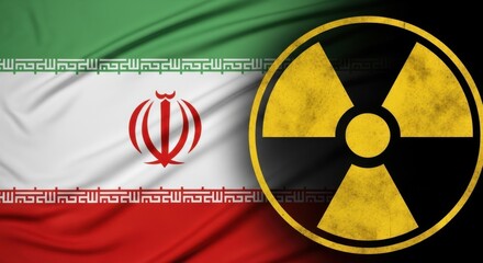 Iranian national flag next to a yellow nuclear radiation symbol, representing the symbol of nuclear threat, and atomic energy tensions