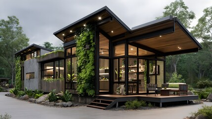 Fototapeta premium Immersive Timber Garden Cabin Composition with Eco Hotel Aesthetic – Sustainable Outdoor Structure for Digital Wellness and Landscape Design Trends