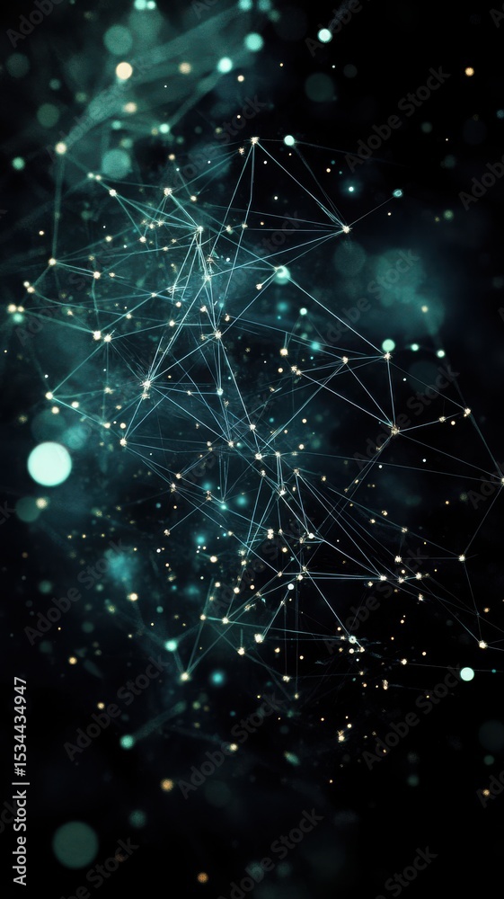 Poster abstract network connection background with glowing nodes and lines in teal and gold