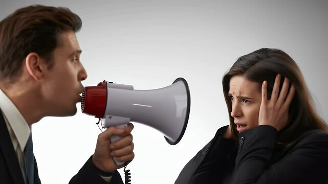 Man yelling into megaphone at woman, emotional tension