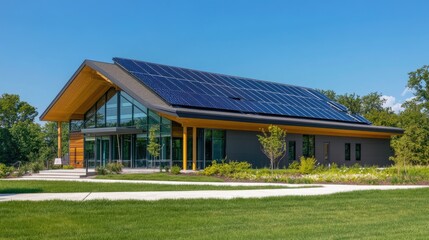 Fototapeta premium Modern Eco-Friendly Building with Solar Panels and Lush Green Landscape Under Clear Blue Sky