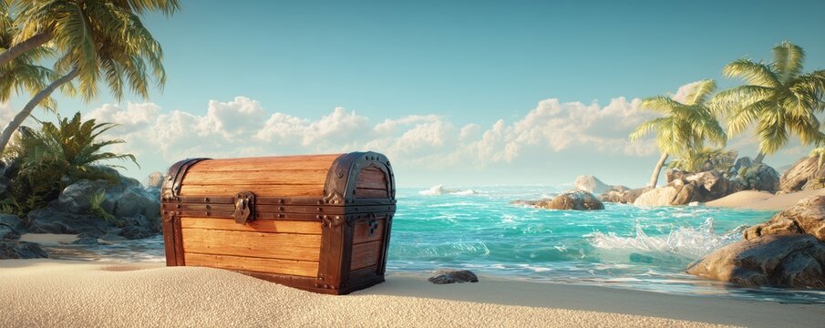 Wooden Treasure Chest on Tropical Beach with Ocean Waves and Palm Trees

