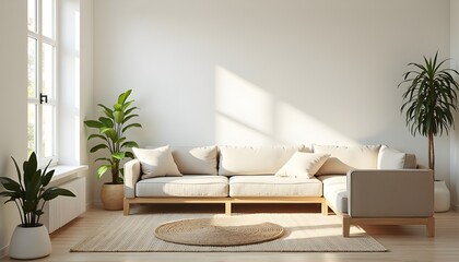 Bright Minimalist Living Room with Beige Sofa, Natural Fiber Rugs, Potted Plants, and Ample Sunlight, creating a Serene Space