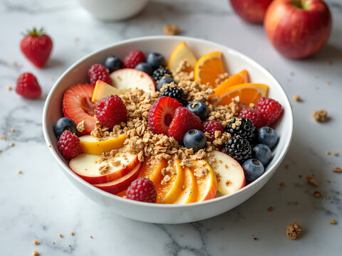 Healthy breakfast bowl with sliced fruits and granola on a marble countertop.
